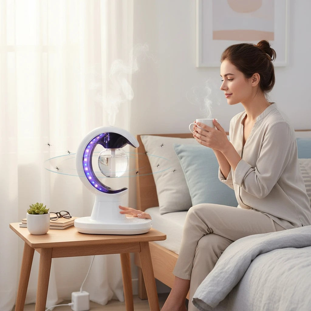 Havefy magnetic levitating desk lamp and humidifier with LED glow on a wooden table next to a woman holding a mug.