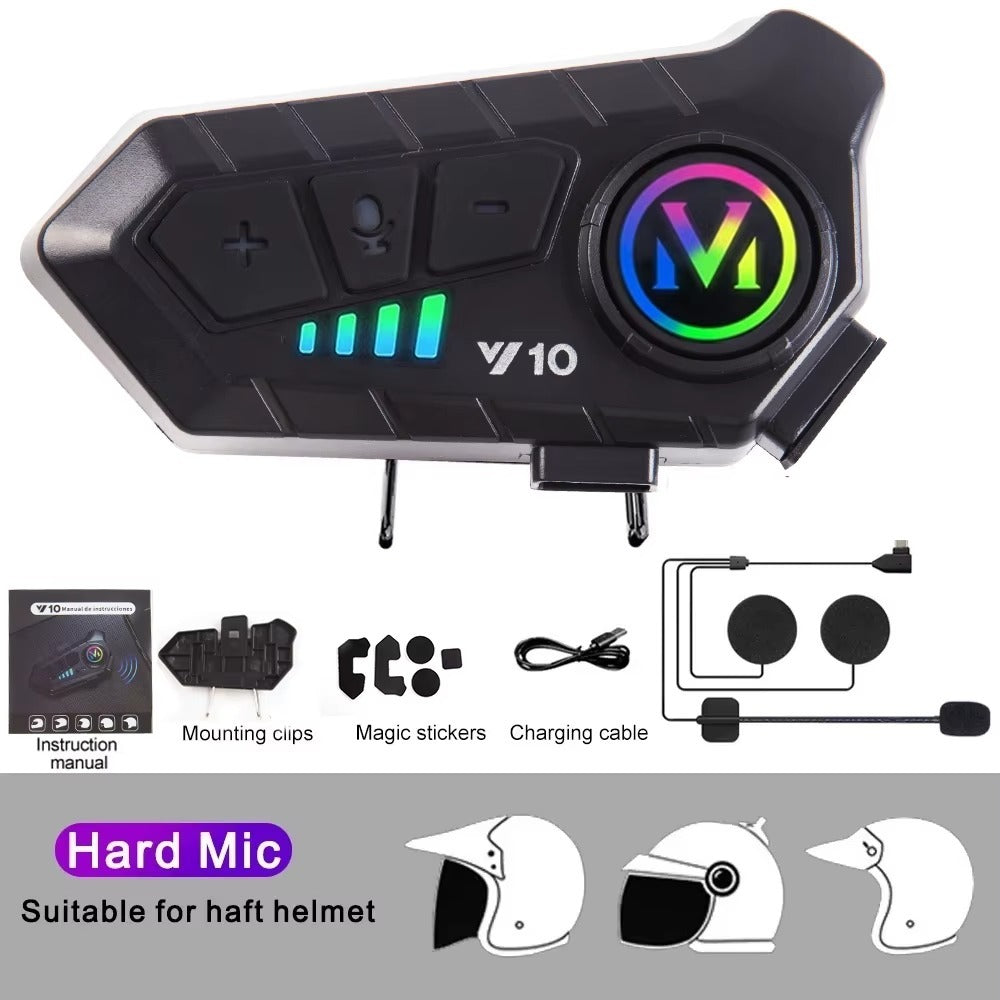 V10 Helmet Bluetooth Intercom with Hard Mic & Custom RGB Lighting