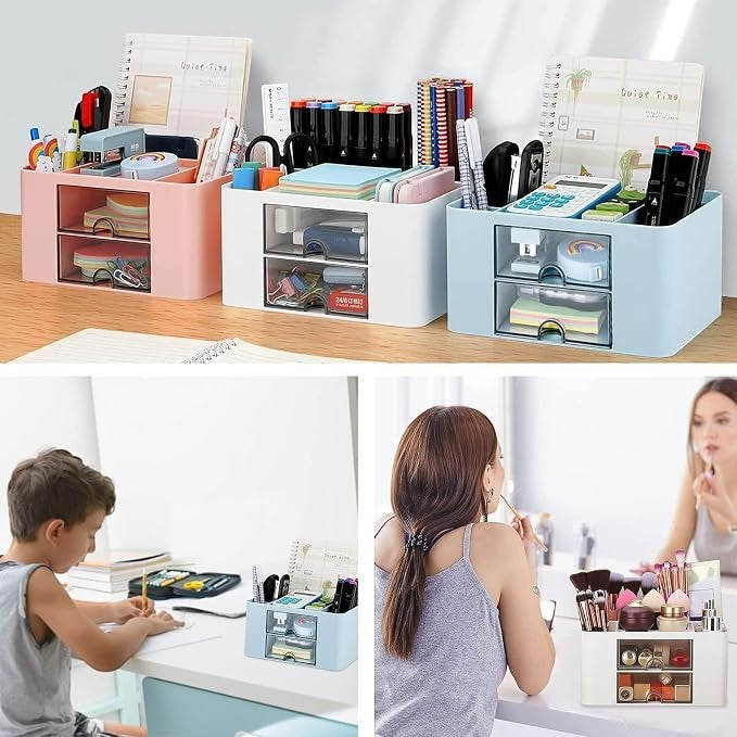 Havefy multi-functional desk organizers in pink, white, and blue with drawers for stationery and makeup storage
