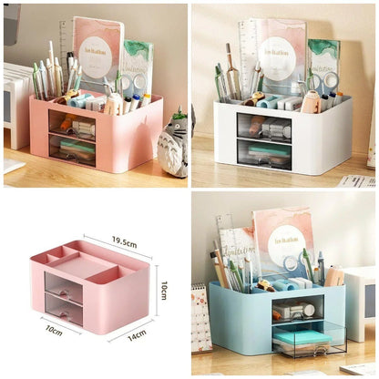 Havefy multi-functional desk organizer with open compartments and two clear drawers for stationery and makeup storage.
