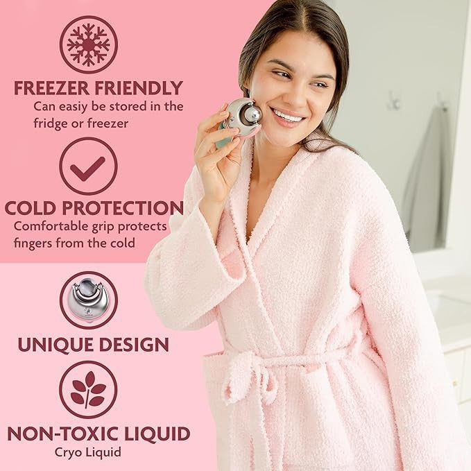 Havefy GLAMGLIDE cryo facial massager used by a woman in a pink robe to sculpt and cool skin for a radiant look