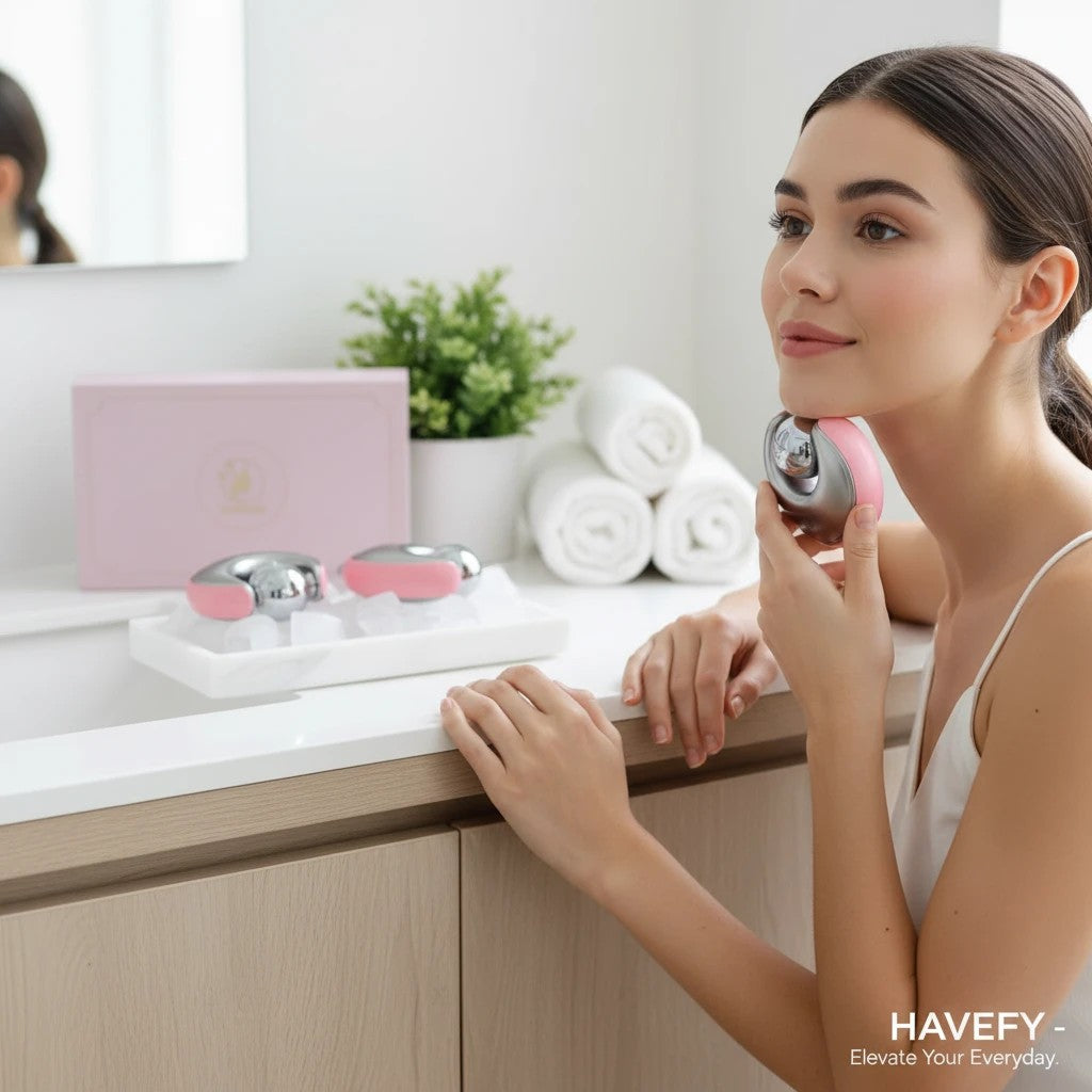 Havefy GLAMGLIDE cryo facial massagers being used by a woman to sculpt her jawline in a bright bathroom setting.