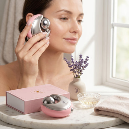 Havefy GLAMGLIDE pink and silver cryo facial massagers for skin sculpting and cooling therapy on a marble surface.