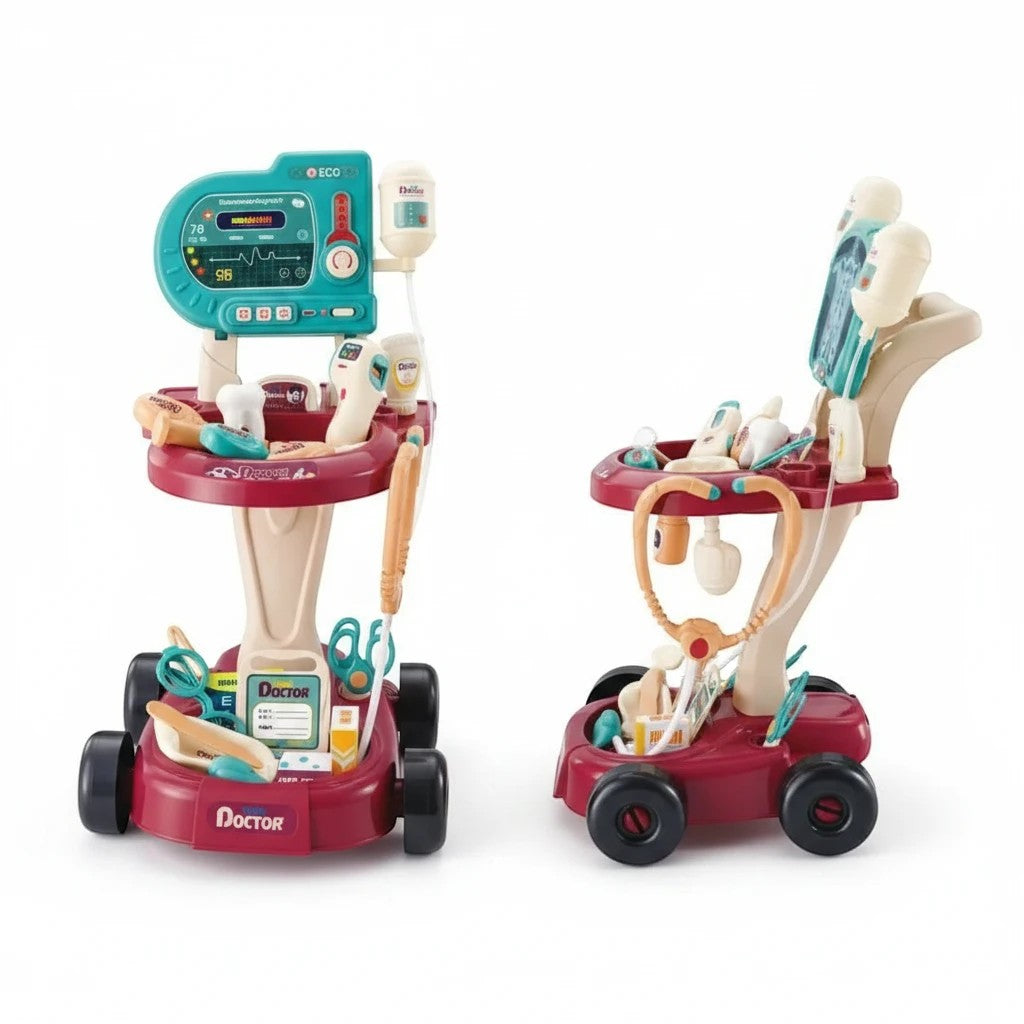 Havefy interactive medical cart playset for kids with red and teal rolling station, ECG monitor, and toy doctor tools.