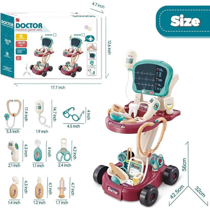 Havefy interactive medical cart playset for kids with red and teal rolling station, ECG monitor, and toy doctor tools.