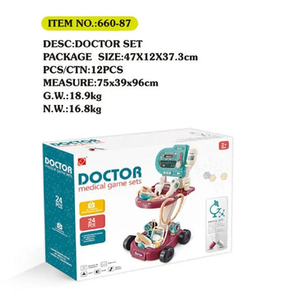 Havefy interactive medical cart playset in red and teal with 24 pieces including stethoscope and ECG monitor