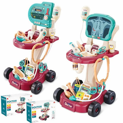 Havefy interactive medical cart playset for kids in red and teal with toy stethoscope, ECG monitor, and medical tools.