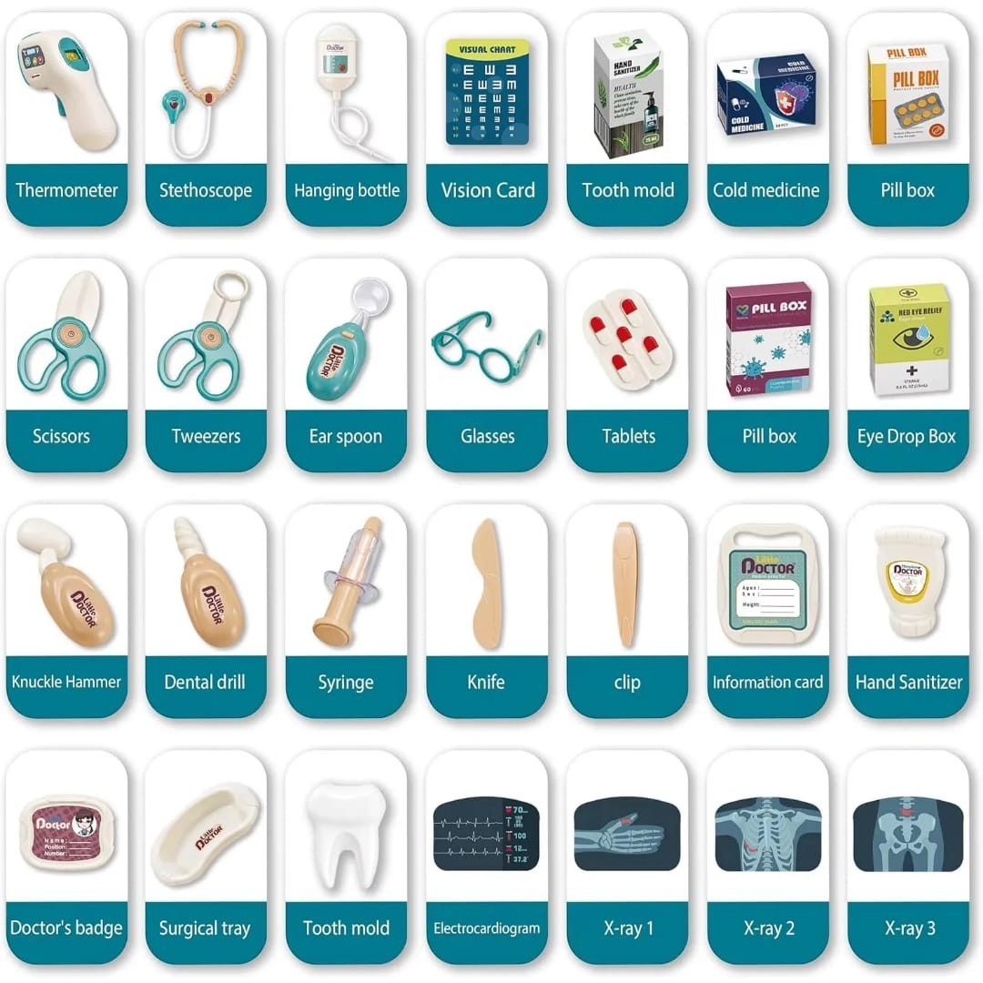 Havefy medical playset accessories including stethoscope, thermometer, X-rays, and dental tools for children's role-play.