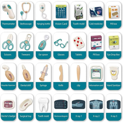 Havefy medical playset accessories including stethoscope, thermometer, X-rays, and dental tools for children's role-play.