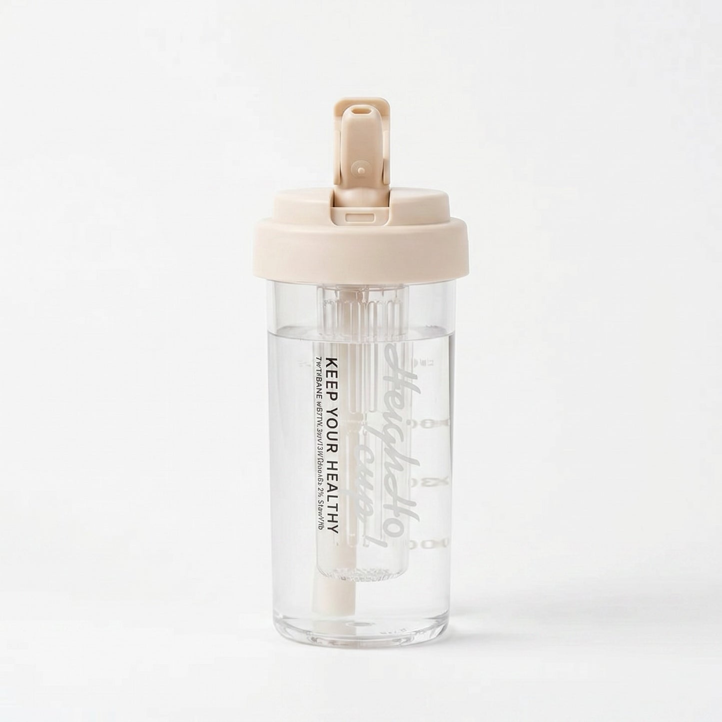 Havefy pastel beige fruit infuser water bottle with a built-in straw and clear body for refreshing detox drinks.