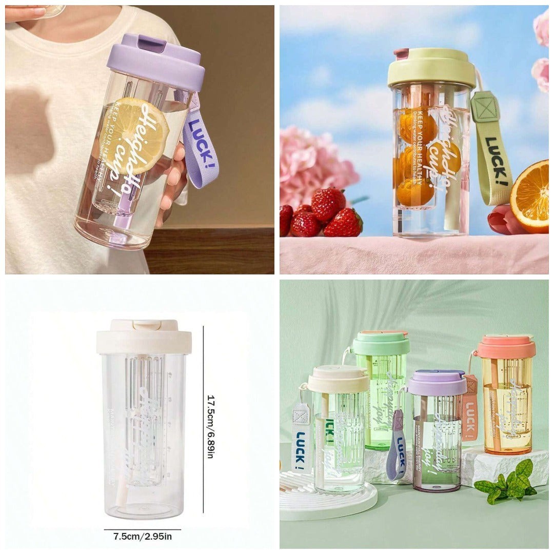 Havefy pastel fruit infuser water bottle with straw and carry strap, featuring a clear design for detox drinks.