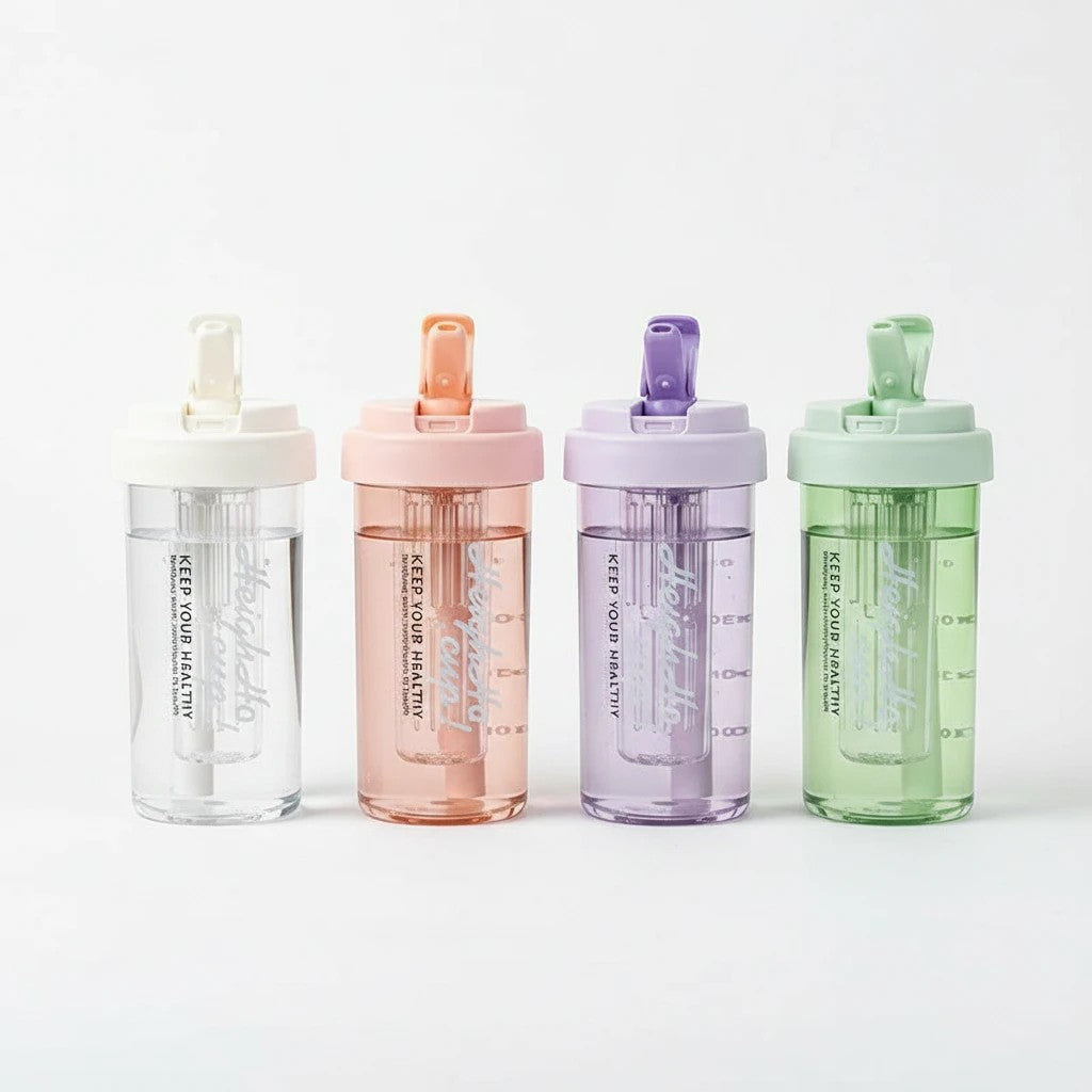 Havefy pastel fruit infuser water bottles in white, pink, purple, and green with built-in straws and infuser cores.