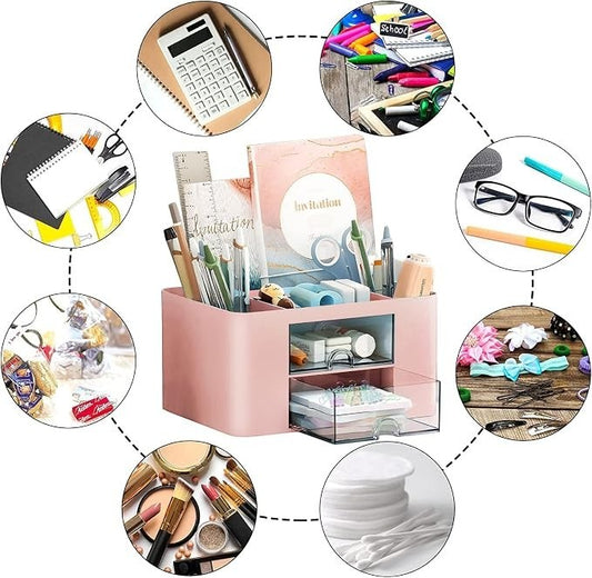 Havefy pink multi-functional desk organizer with clear drawers for stationery and makeup storage on a white background