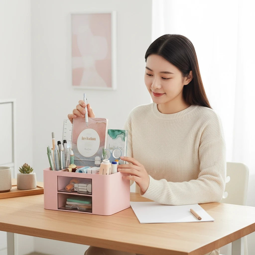 Havefy pink multi-functional desk organizer with drawers holding stationery on a wooden desk with a woman smiling.