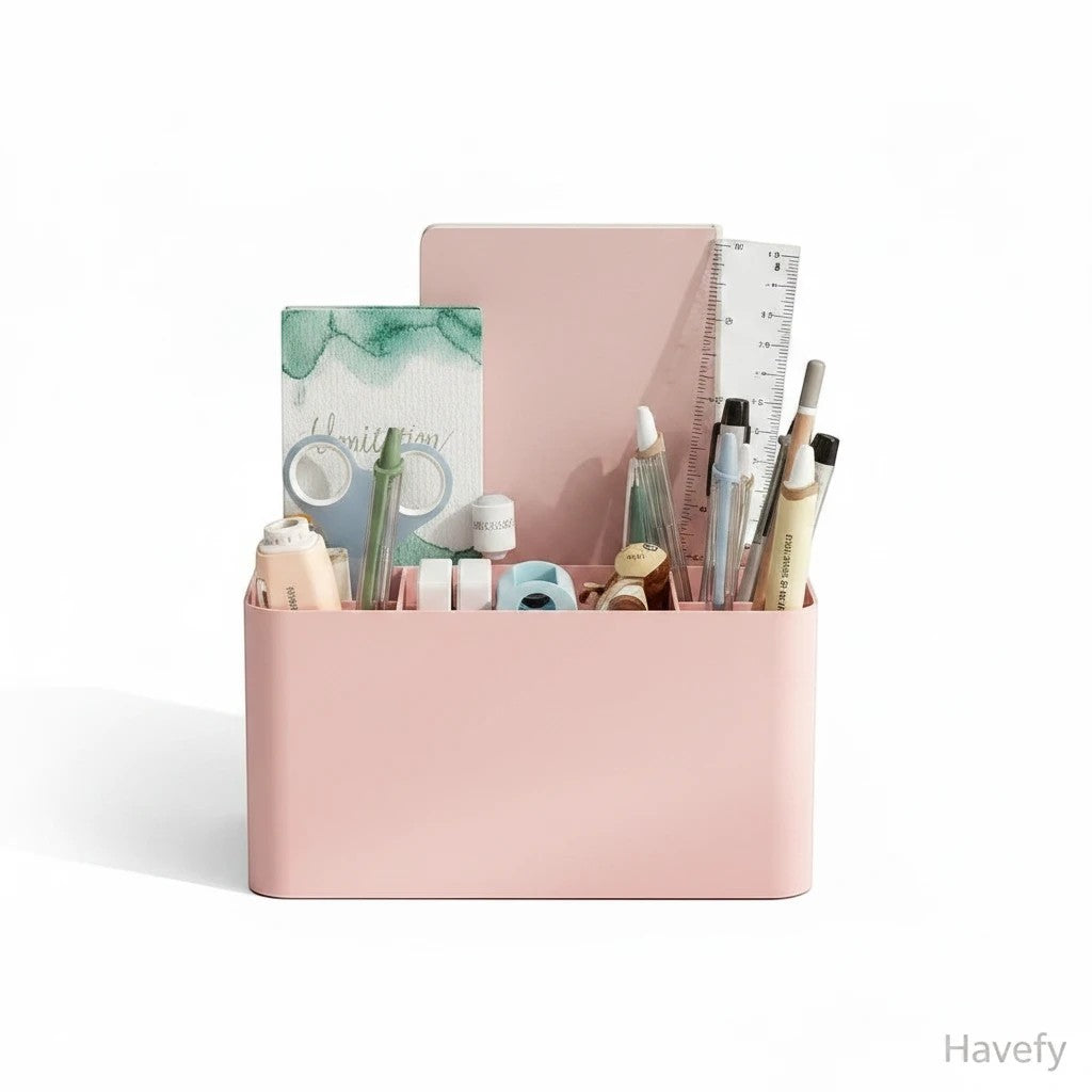 Havefy pink multi-functional desk organizer filled with stationery items like pens, scissors, and a ruler.